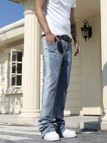 Manfinity Roughcore Quần jeans ống loe nam có túi và cúc, kiểu dáng thường ngày, thích hợp đi làm. - Rửa nhẹ - Xem 5