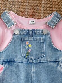SHEIN Vintaside Kids 2件套女婴2025春秋季白色长袖T恤+牛仔背带裤休闲时尚套装，百搭 - 粉色 - 查看 4