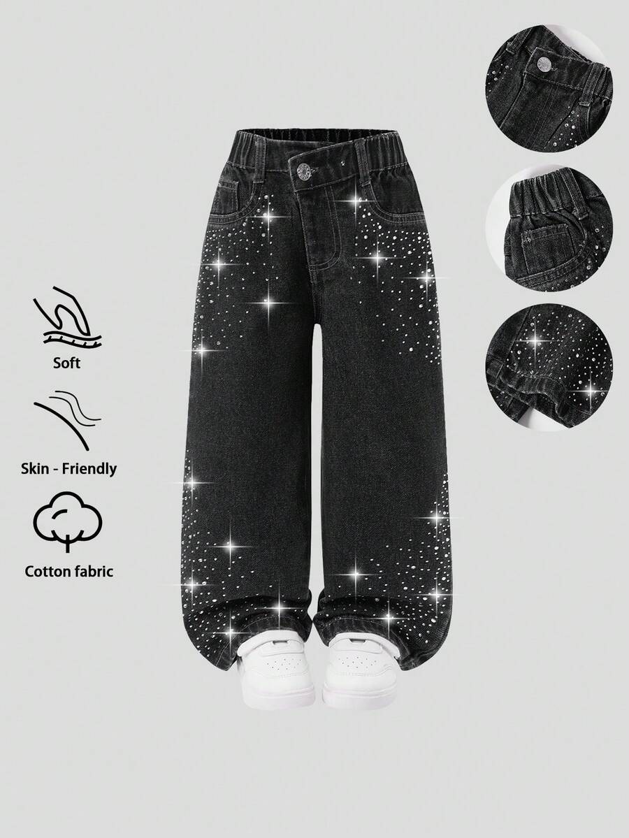 SHEIN Jeans para niñas, azul lavado medio, estilo callejero casual de vacaciones, diseño Y2K, cintura elástica irregular, bolsillos básicos, cierre con botón a presión, decoración de rhinestone, pierna recta suelta, denim de algodón suave, sin estiramiento, adecuado para uso diario, ir y venir, salir, fiesta, nueva llegada de otoño/invierno - Negro - Ver 1