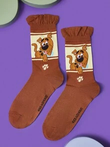 SCOOBY-DOO X SHEIN 1 par de calcetines de tripulación con volantes y estampado de perro de dibujos animados, cómodos para mujer, para otoño/invierno - Multicolor - Ver 2
