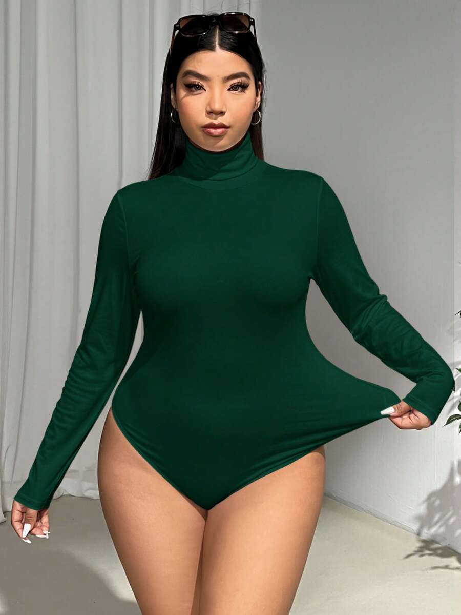 SHEIN EZwear Plus Size Women Solid Color Turtleneck Long Sleeve Casual Bodysuit - Dark Green - View 1
