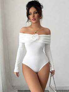 Franclia Body elegante y sexy para mujer con hombros descubiertos, decoración floral y unicolor de punto, casual para uso diario, citas y otras ocasiones, primavera/verano - Blanco - Ver 4