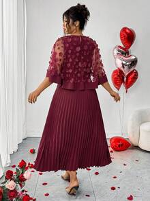 Elenzga Đầm xếp ly eo ren phối ren cổ tròn tối giản thanh lịch dành cho nữ cỡ lớn, màu đỏ rượu vang, thích hợp cho tiệc Valentine hoặc mùa đông. - Màu Đỏ Sâu - Xem 2