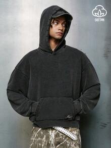 PAVTROS 男士休闲秋季连帽衫，带字母刺绣和袋鼠口袋，宽松版型，街头风，水洗做旧，复古风。 - 黑色 - 查看 1