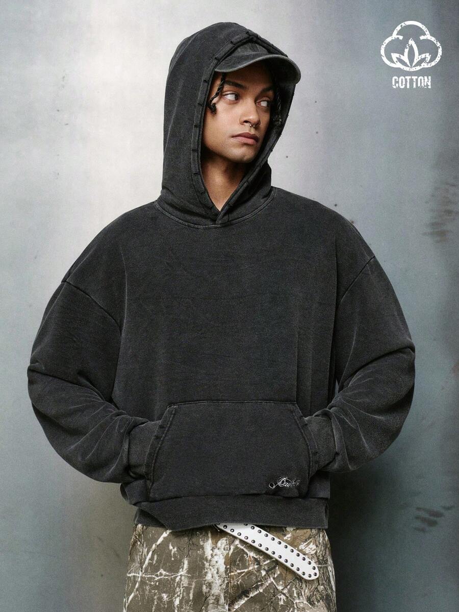 PAVTROS 男士休闲秋季连帽衫，带字母刺绣和袋鼠口袋，宽松版型，街头风，水洗做旧，复古风。 - 黑色 - 查看 1