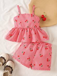 SHEIN Vintaside Kids 2件套女婴春夏度假风樱桃格子印花吊带上衣和短裤 - 紅色 - 查看 1