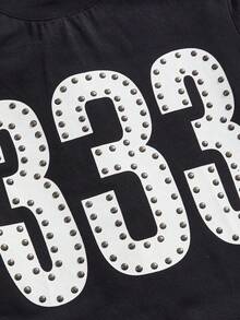 ROMWE Grunge Punk Y2K朋克数字印花亮片修身T恤，纯色百搭女式T恤 - 黑色 - 查看 3