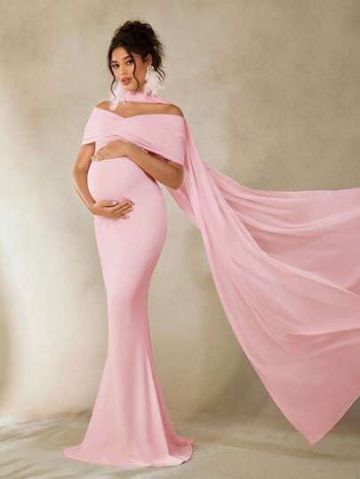 Cheriluna Maternity Maternity Photography Dress, White Long Elegant Gown, Suitable For Maternity Photoshoot