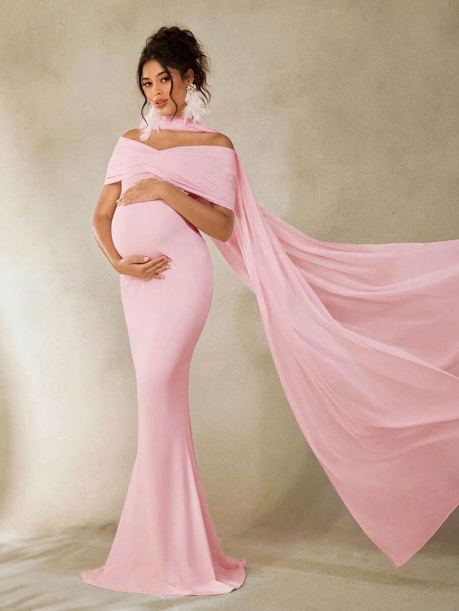 Cheriluna Maternity Váy chụp ảnh bầu, váy dài màu trắng thanh lịch, phù hợp chụp ảnh bầu - Hồng - Xem 1