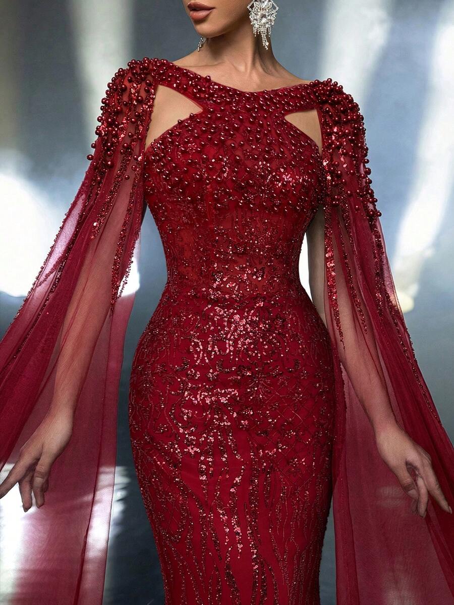 Glamrae 优雅、奢华、迷人的珍珠亮片花卉美人鱼长裙，飘逸的袖子，适合婚礼、派对、度假、盛会、正式场合（装饰繁复） - 酒紅色 - 查看 1