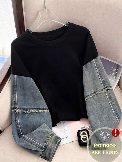 SHEIN 女式加大码牛仔效果圆领休闲运动衫