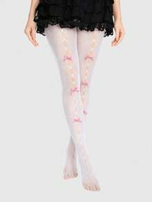 ROMWE Kawaii 1pair Gothic Rose Lace Jacquard Hollow Out Fishnet Socks, For Women, All Season, Halloween - White 8 - View 5