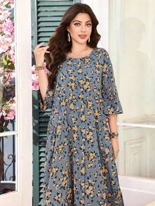 Lacomfia Women's Round Neck 3/4 Sleeve Loose Pocket Romantic Elegant Ditsy Floral Midi Dress - Multicolor - View 6