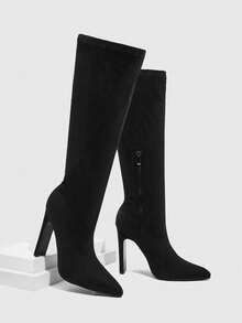 Daringsoles Damkängor med spetsig tå och dragkedja i sidan, moderiktiga högklackade knähöga stövlar för dagligt bruk - Svart - Visa 7