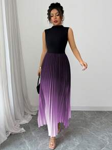 Elenzga Đầm xếp ly ombre màu đen, kiểu dáng thanh lịch, thường ngày dành cho nữ - Màu tím - Xem 3