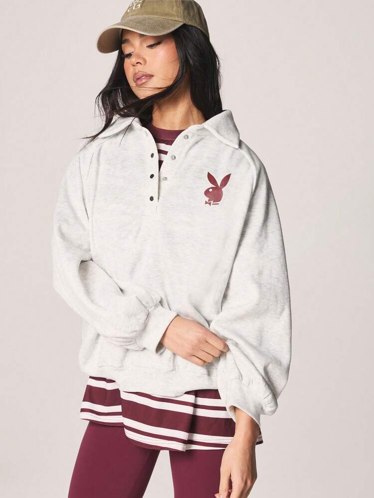 Missguided x Playboy Sudadera con capucha con logo, bolsillo central, botón de detalle, manga larga, oversize, jersey casual de streetwear