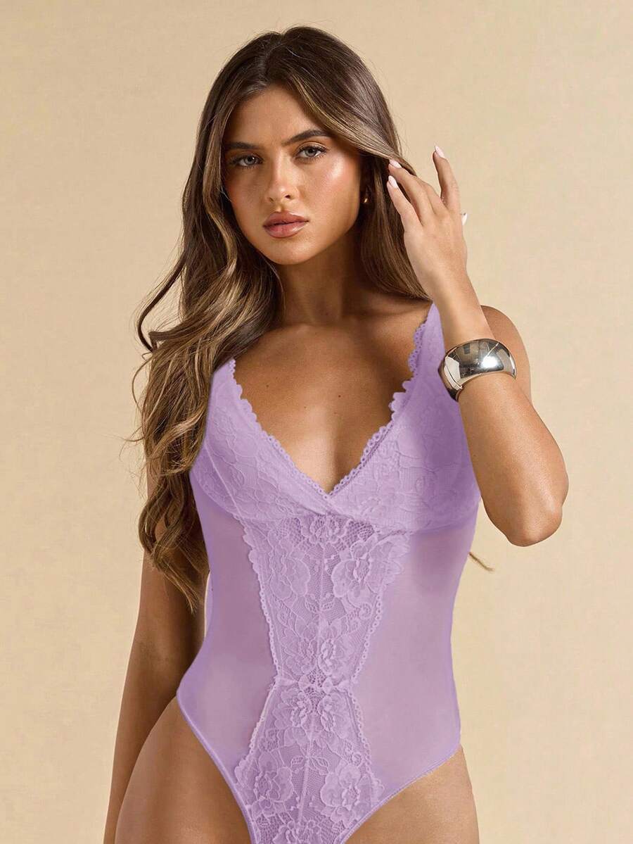 SHEIN BAE 女士黑色性感蕾丝多功能时尚单品束身胸衣背心,适合外出、约会、主题派对、音乐会、新年夜、圣诞派对等场合穿着。 - 淡紫色 - 查看 1