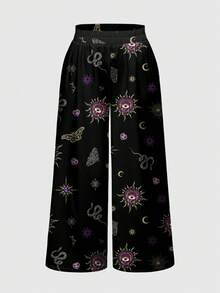 ROMWE Goth Quần ống rộng cỡ lớn kiểu cung điện cổ điển in họa tiết bọ cạp, mặt trời, mặt trăng, sao, dơi, bướm, rắn, bướm đêm, trái tim, mắt. - màu đen - Xem 1