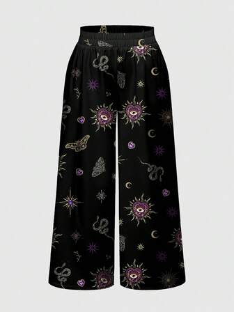 Goth Pantalones de pierna ancha con estampado integral de estilo vintage de palacio de talla grande con motivos de escorpión, sol, luna, estrellas, murciélago, mariposa, serpiente, polilla, corazón y ojo