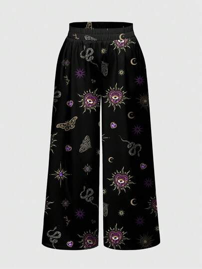 ROMWE Goth Pantalones de pierna ancha con estampado integral de estilo vintage de palacio de talla grande con motivos de escorpión, sol, luna, estrellas, murciélago, mariposa, serpiente, polilla, corazón y ojo