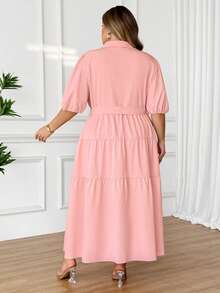 SHEIN CURVE+ Đầm maxi dáng chữ A tay ngắn màu trơn cho nữ cỡ lớn năm 2025, phối bèo nhún, thích hợp cho mùa xuân, dành cho người có thân hình đầy đặn, kiểu dáng Hoho Vacation. - Hồng - Xem 2