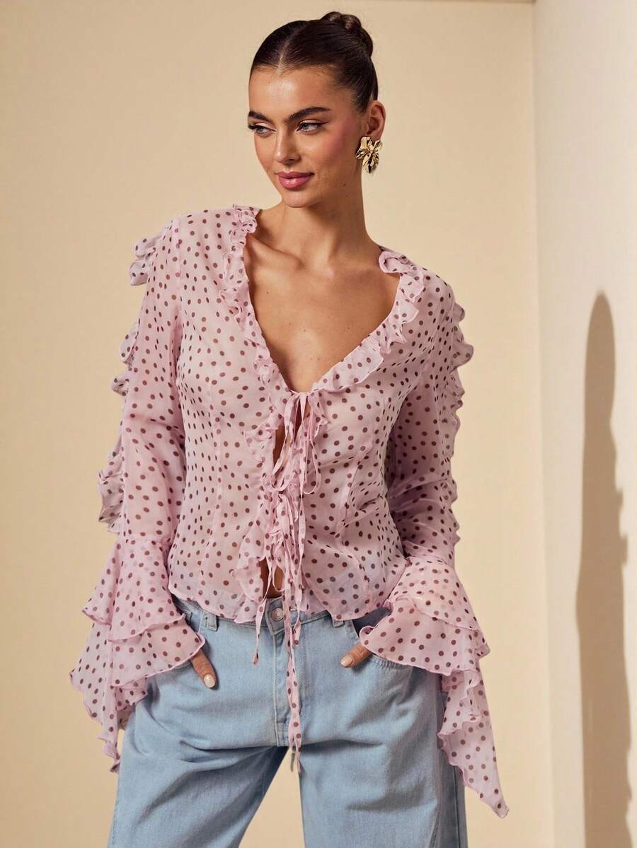 SHEIN BAE Áo voan voan tay dài xếp nếp chấm bi màu hồng trơn dành cho nữ, áo chống nắng, áo voan dễ thương ngọt ngào cho đầu xuân - Hồng - Xem 1
