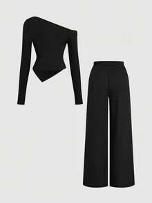 Sweetra 2 piezas Conjunto de mujer talla grande con diseño plisado y decoración de flor de metal vintage elegante, blusa asimétrica de hombros descubiertos de manga larga y pantalones rectos casuales y sueltos, estilo universitario, adecuado para primavera y verano