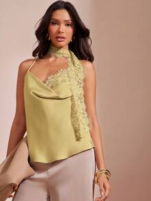 L'Amorae Women Satin Cowl Neck Inset Attached Scarf Cami Top, Holiday New Years Date Night Outfit - Light Yellow - View 4