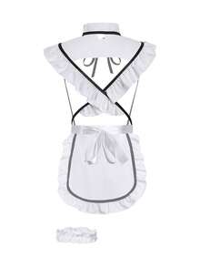 3pcs/Set White Maid Costume COSPLAY Kit - Heart Nipple Pasties, Bow Leg Garter, Apron, Cute & Sexy Outfit For Couples Role Play - Black and White - View 3