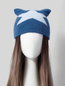 Y2Kool Fashionable Autumn/Winter New Five-Pointed Star Adults Beanie Hat, Stylish Sweet And Spicy Cat Ear Warm Hat, Star Casual Cute Elegant Street Style Jacquard Knit Hat - Multicolor - View 6