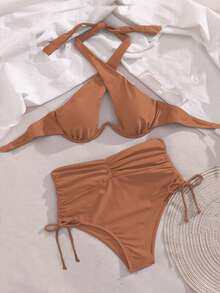 SHEIN Swim Women's Summer Beach Solid Color Cross Halter Tie Sexy Bikini Swimsuit Set With Underwire - Brown - View 3