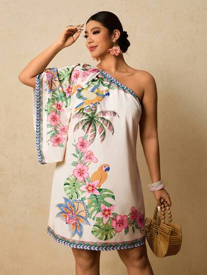 Travachic Plus Size Women Casual Floral Print Asymmetric Neck Mini Dress, Suitable For Summer Holiday