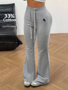 SHEIN EZwear Women's Embroidery Flare Pants, Fashionable Design Suitable For Summer - Grey - View 7