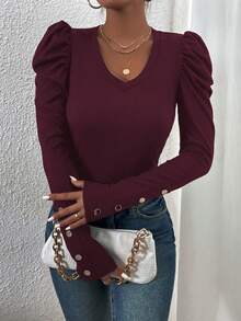 SHEIN PETITE Áo thun ôm dáng cổ chữ V, tay phồng, có khóa kim loại trang trí - Màu Đỏ Sâu - Xem 5