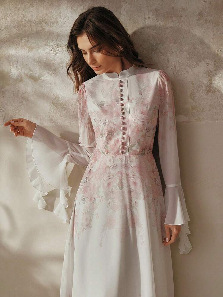 Women's New Spring/Summer Long Sleeve Chiffon Pink Long Elegant Romantic Delicate Flared Dress
