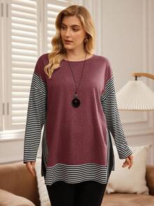 EMERY ROSE Plus Size Women Casual Long Sleeve Striped Patchwork T-Shirt - Burgundy - View 1