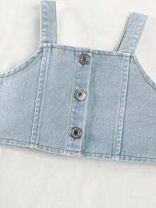 2件套女童简约百搭吊带背心和长款牛仔裤套装，适合学校、校园、户外活动 - 藍色 - 查看 4