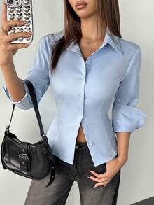 SHEIN PETITE 1件女士纯色纽扣前开襟长袖休闲衬衫 - 淺藍色 - 查看 10