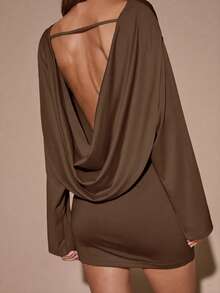SHEIN BAE Váy ngắn hở lưng, cổ khoét sâu, tay dài màu nâu/cà phê, dáng suông, thời trang thu đông, thích hợp cho tiệc cocktail, hẹn hò lãng mạn, tụ họp, sự kiện trang trọng, váy phù dâu, đi chơi đêm, Halloween, Giáng sinh - màu nâu - Xem 5