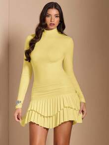 SHEIN BAE Elegant Pale Yellow Long Sleeve Bodycon Ruched Mini Double-Layer Dress,Autumn Night Out Outfit For Cocktail Parties, Dates & Formal Events - Yellow - View 6