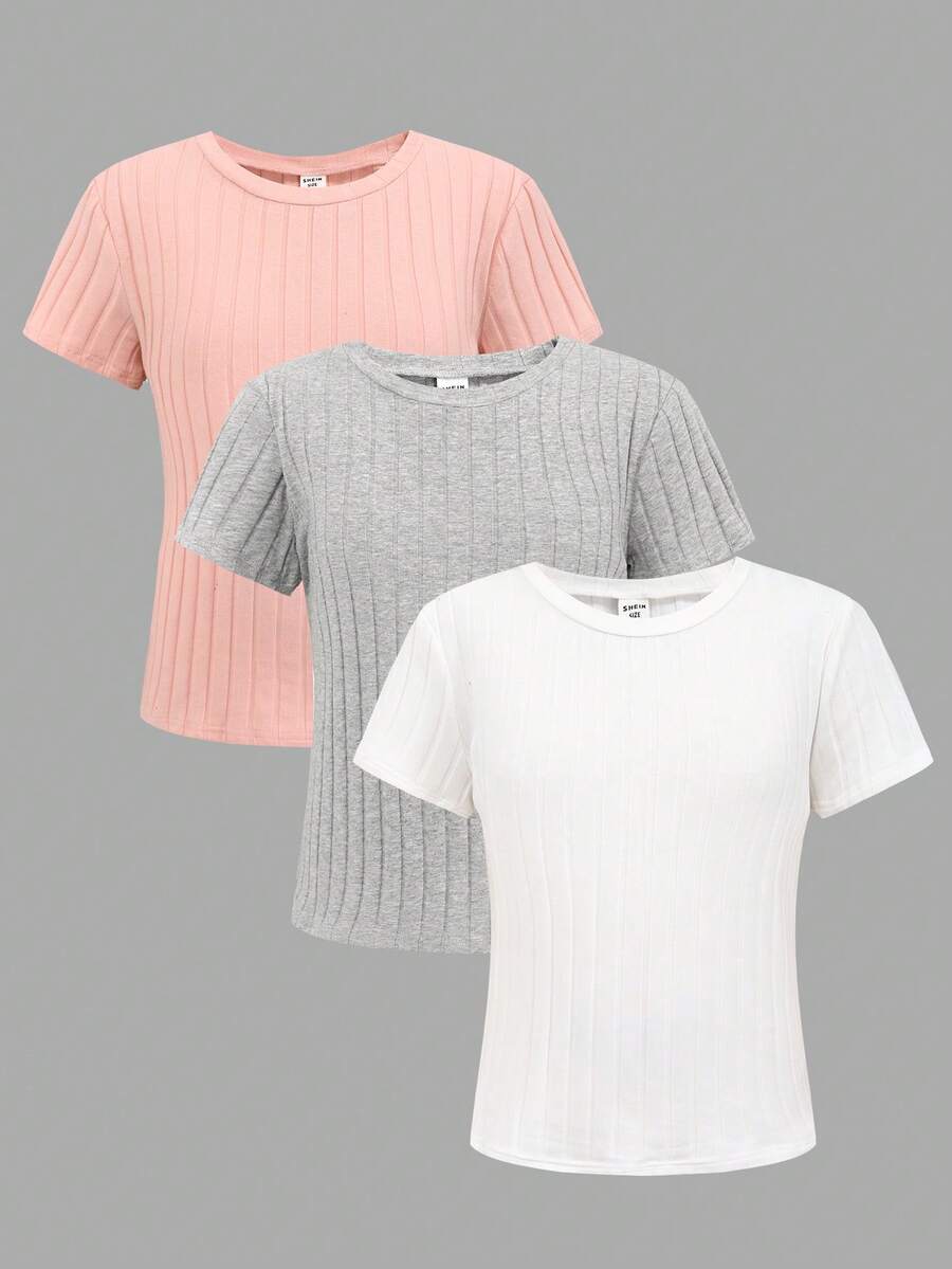 SHEIN Áo thun ngắn tay cổ tròn màu trơn, chất liệu gân, thích hợp mặc mùa hè, dành cho bé gái tuổi teen. - Nhiều màu - Xem 1