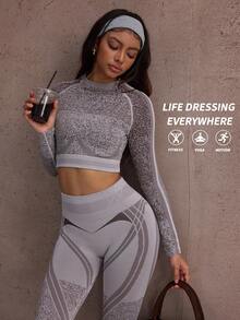 Dewbera Conjunto de chaqueta y pantalón de esquí informal de mujer con manga raglán de efecto degradado y top corto y pantalón de cintura alta - Marrón - Ver 1