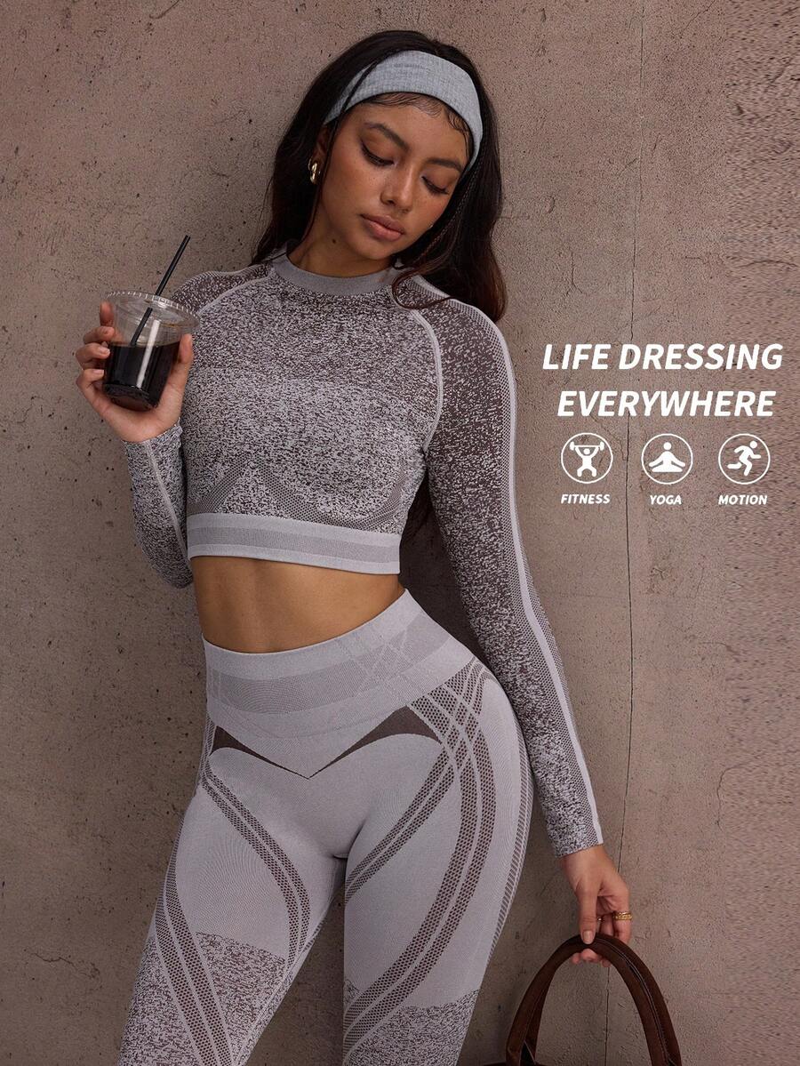 Dewbera Conjunto de chaqueta y pantalón de esquí informal de mujer con manga raglán de efecto degradado y top corto y pantalón de cintura alta - Marrón - Ver 1