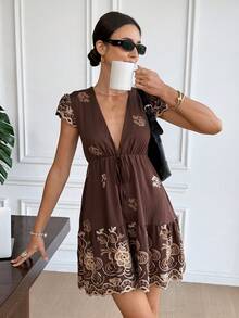 SHEIN Frenchy Women's Deep V-Neck Short Sleeve Tie-Waist Vintage Ruffle Hem Short Dress Brown Summer Dress Brown Dress Women Brown Sundress Coffee Brown Dress Embroidered Brown Dress Spring Outfit Women Spring Dress For Women - Brown - View 1