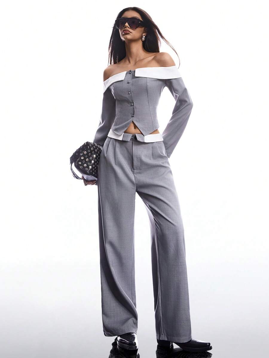 LYSMO 秋冬季女士纯色拼接露肩长袖纽扣简约上衣和裤子休闲套装