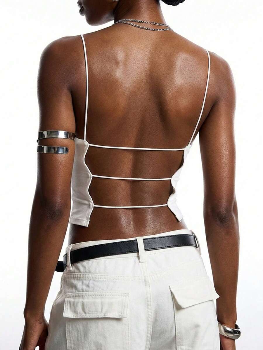 LYSMO Áo yếm nữ mùa hè Slim Fit màu trơn gợi cảm hở lưng - trắng - Xem 1