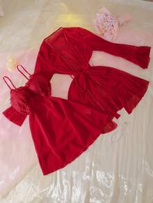 2pcs Mature & Sexy Chiffon Camisole Dress & Mesh Robe Sleepwear Set For Women Bride Lace Sleepwear Red Sleepwear 2piece Nightgown Red Night Gown Sexy Sleepwear Women