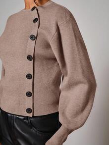 COSMINA Áo khoác cardigan cài nút bất đối xứng thanh lịch dành cho nữ, mùa thu/đông, màu nâu, áo len nữ, áo cardigan dáng ngắn, áo cardigan crop cho nữ. - Màu Khaki - Xem 6