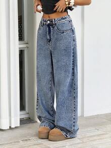 SHEIN ICON 女士口袋纽扣休闲百搭通勤阔腿裤 - 深色水洗藍 - 查看 4