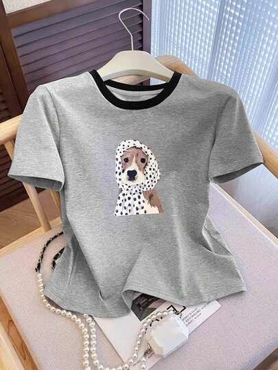 Resyla 撞色波点小狗短袖圆领T恤